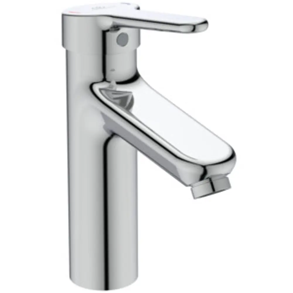 Chromfarbene Armatur von Ideal Standard mit einem schlichten Design und einem nach unten gerichteten Auslauf für Waschbecken oder ähnliche Anwendungen.